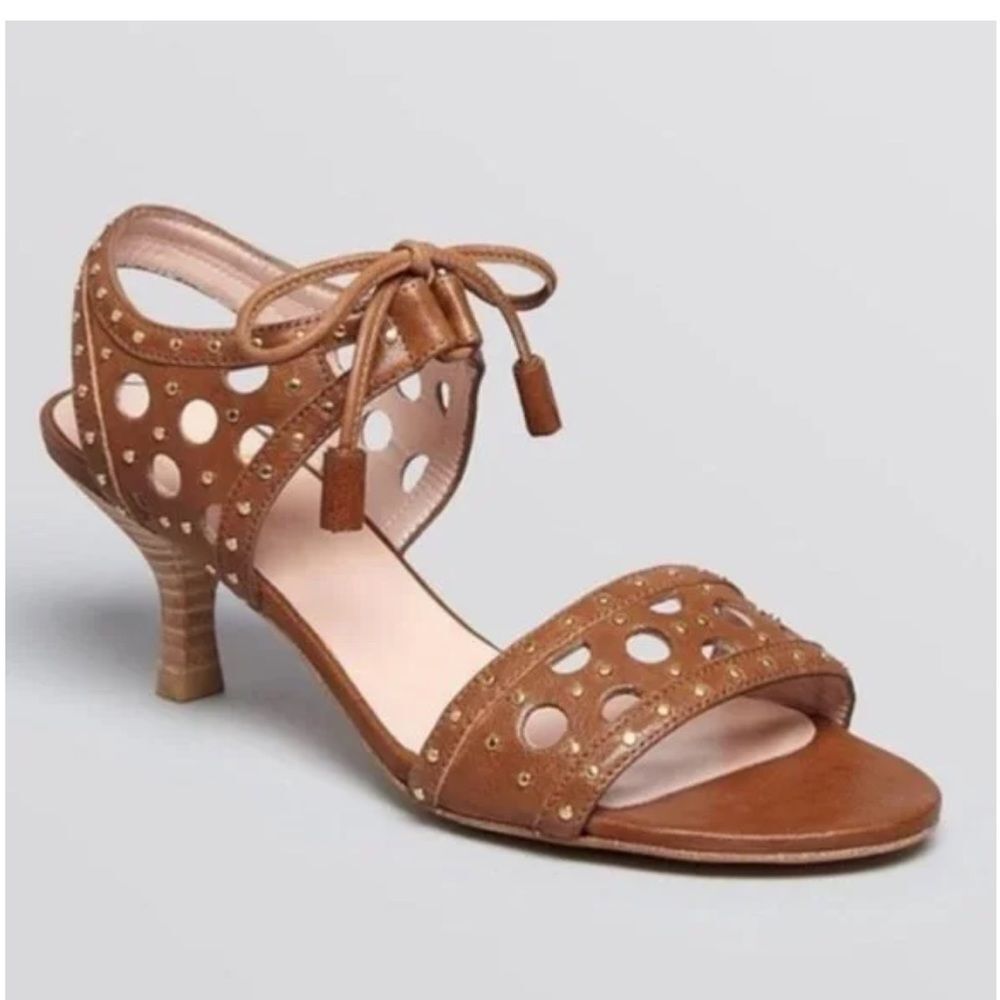 STUART WEITZMAN CIRCULAR BROWN TOFFEE NAPPA LEATHER STUDDED SANDALS